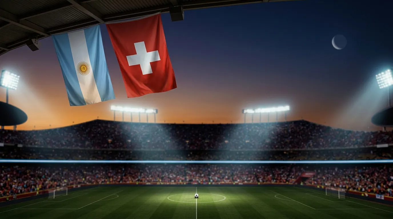 Stadio Arrowhead di Kansas City al tramonto con bandiere argentina e svizzera