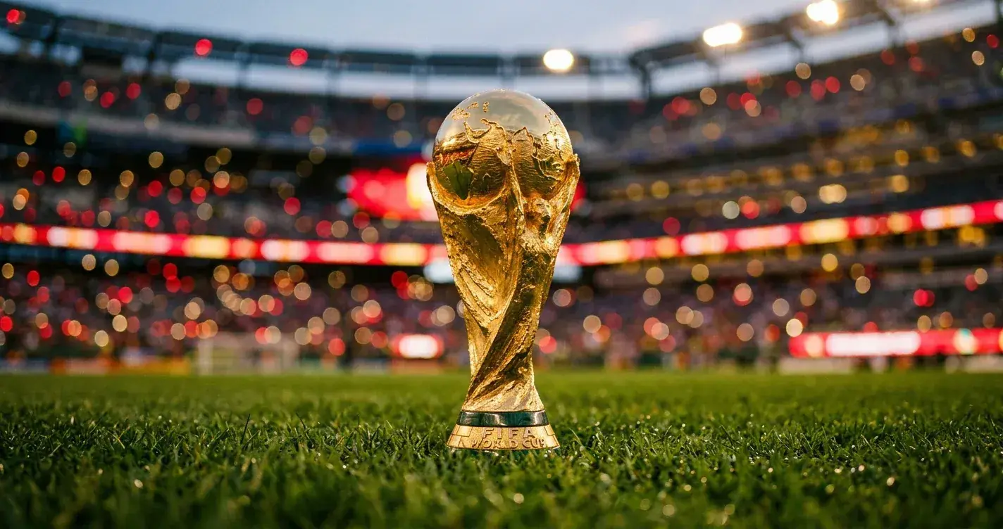 Primo piano del trofeo del Mondiale sull'erba con i colori della Spagna sullo sfondo
