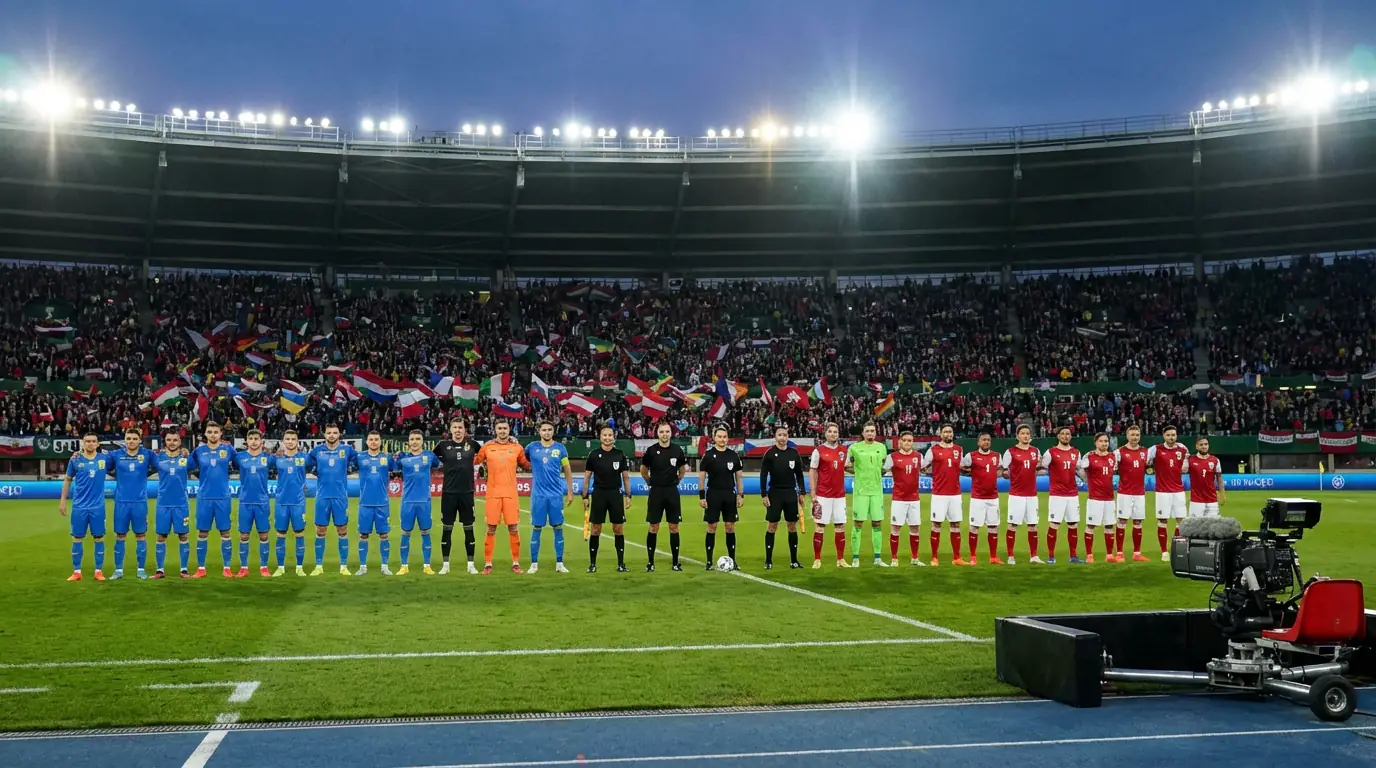 Squadre schierate a centrocampo prima del fischio d'inizio di una partita internazionale con le bandiere nazionali sugli spalti
