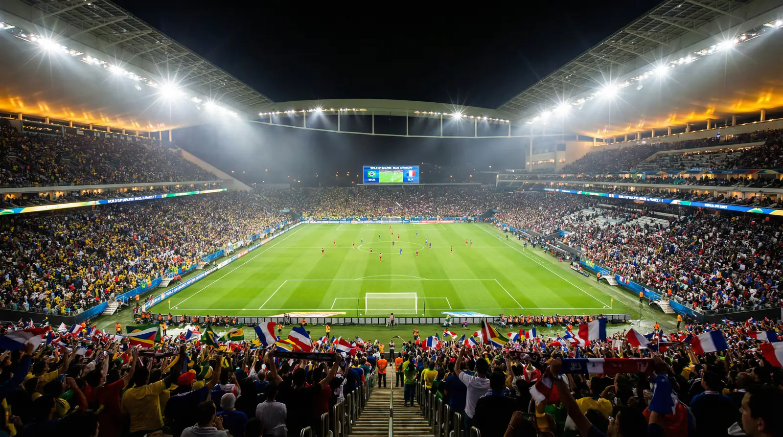 Stadio illuminato durante una partita serale della Coppa del Mondo 2026 con spalti gremiti e campo da calcio verde brillante