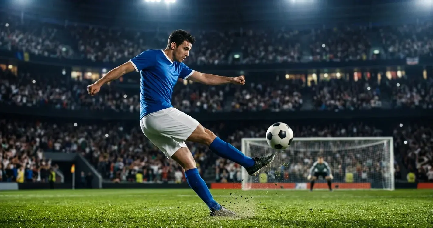 Attaccante in maglia blu calcia verso la porta in una partita in notturna