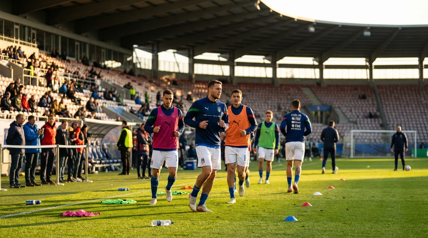 Giocatori della nazionale italiana in maglia azzurra durante il riscaldamento pre-partita sul campo da calcio dello stadio