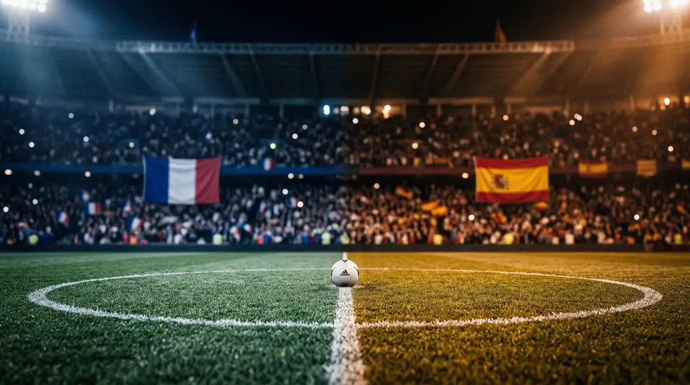 Riflettori dello stadio puntati sul cerchio di centrocampo con bandiere di Francia e Spagna