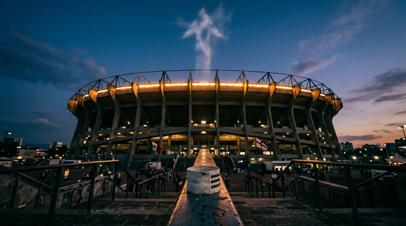 Stadio Azteca illuminato di notte con una freccia stilizzata rivolta verso l'alto per ricordare l'altitudine