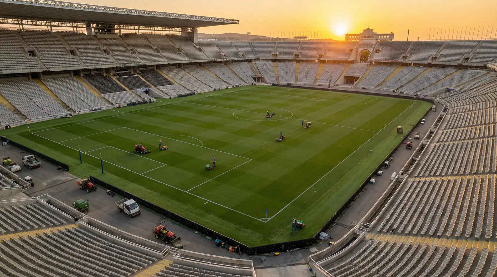 Vista panoramica del campo da calcio con le linee bianche sul prato verde durante i preparativi per la Coppa del Mondo 2026