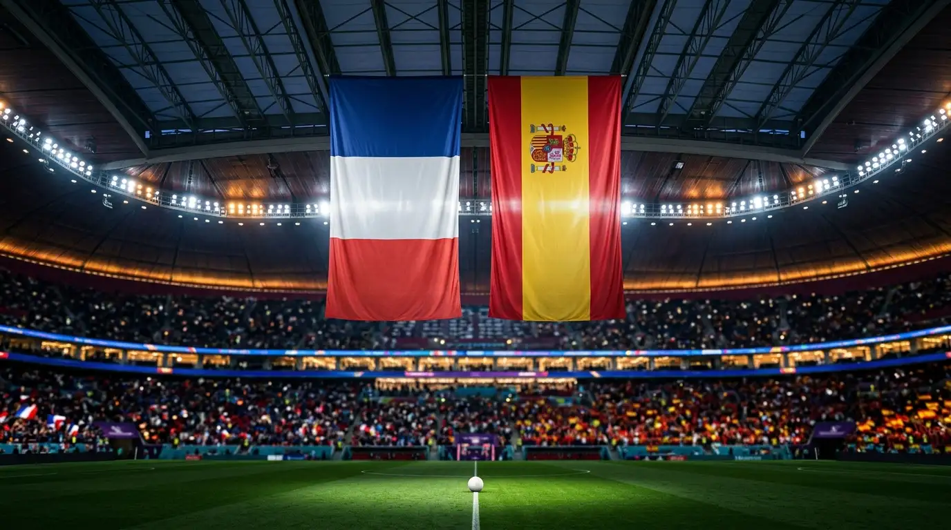 Stadio di Dallas al tramonto con le bandiere di Francia e Spagna appese al tetto