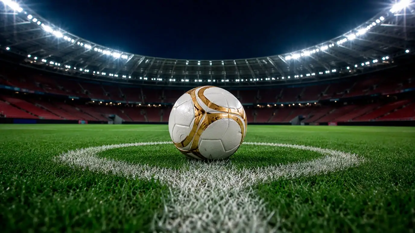 Pallone del Mondiale 2026 sul dischetto del centrocampo in uno stadio illuminato prima del calcio d'inizio