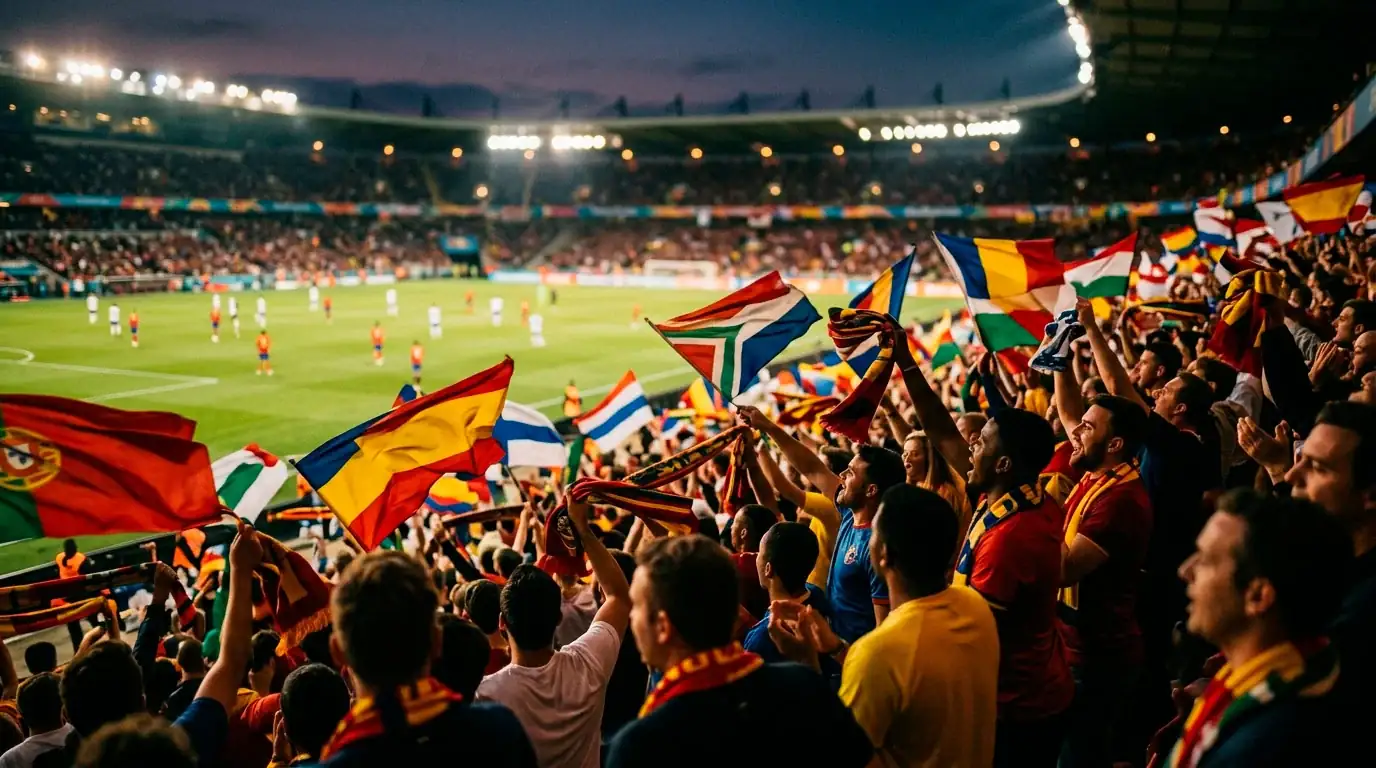 Tifosi allo stadio durante una partita serale dei Mondiali con bandiere colorate