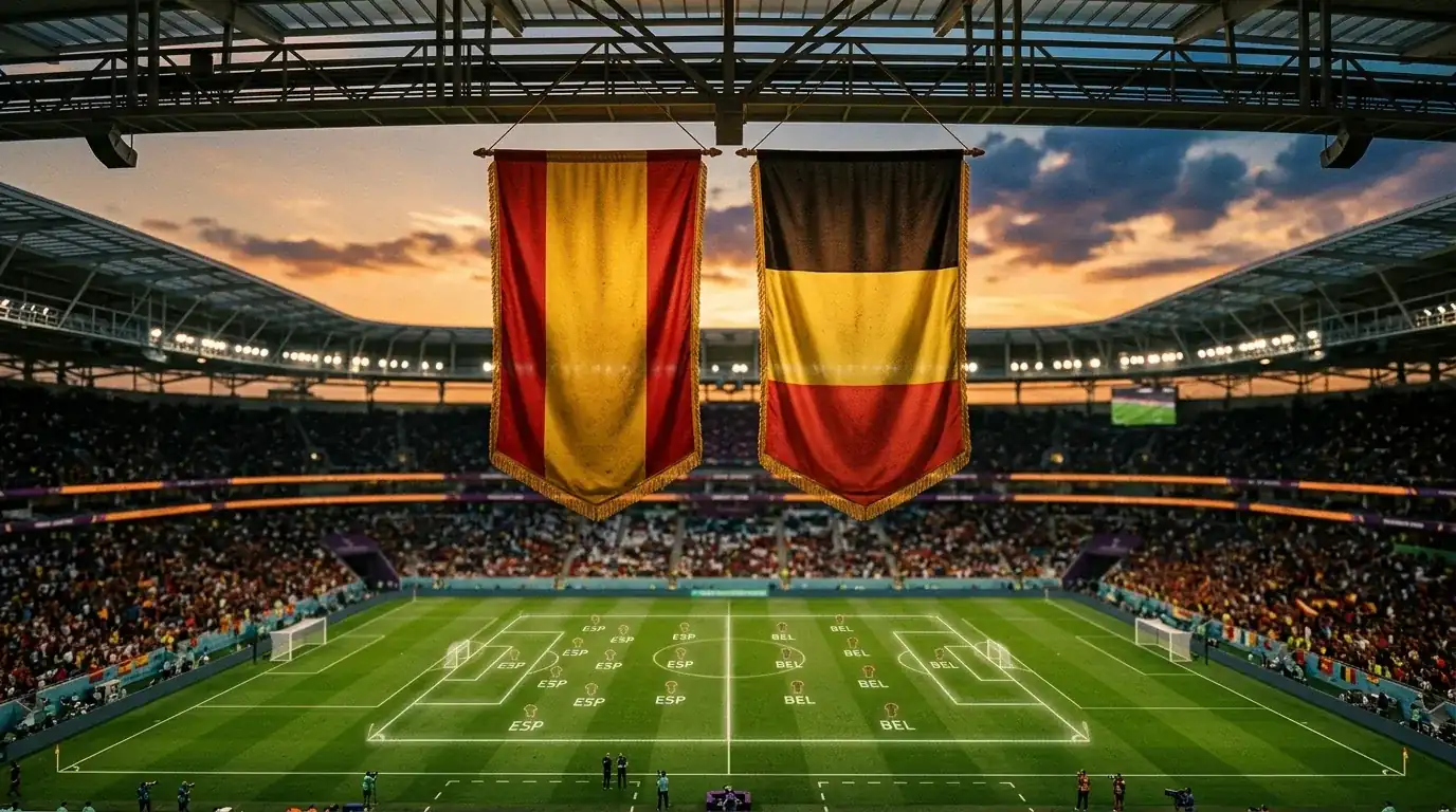 Stadio SoFi di Los Angeles al tramonto con due bandiere spagnola e belga