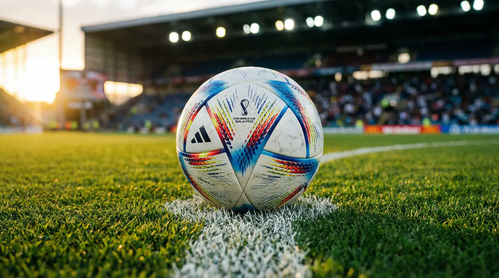 Pallone ufficiale della Coppa del Mondo posato sulla linea del centrocampo di uno stadio vuoto con le tribune sullo sfondo