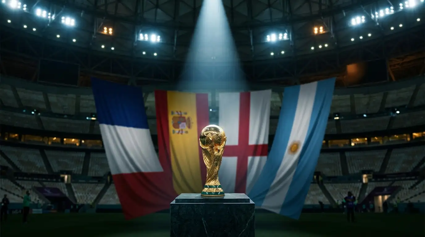 Trofeo del Mondiale sotto i riflettori con le bandiere di Francia, Spagna, Inghilterra e Argentina
