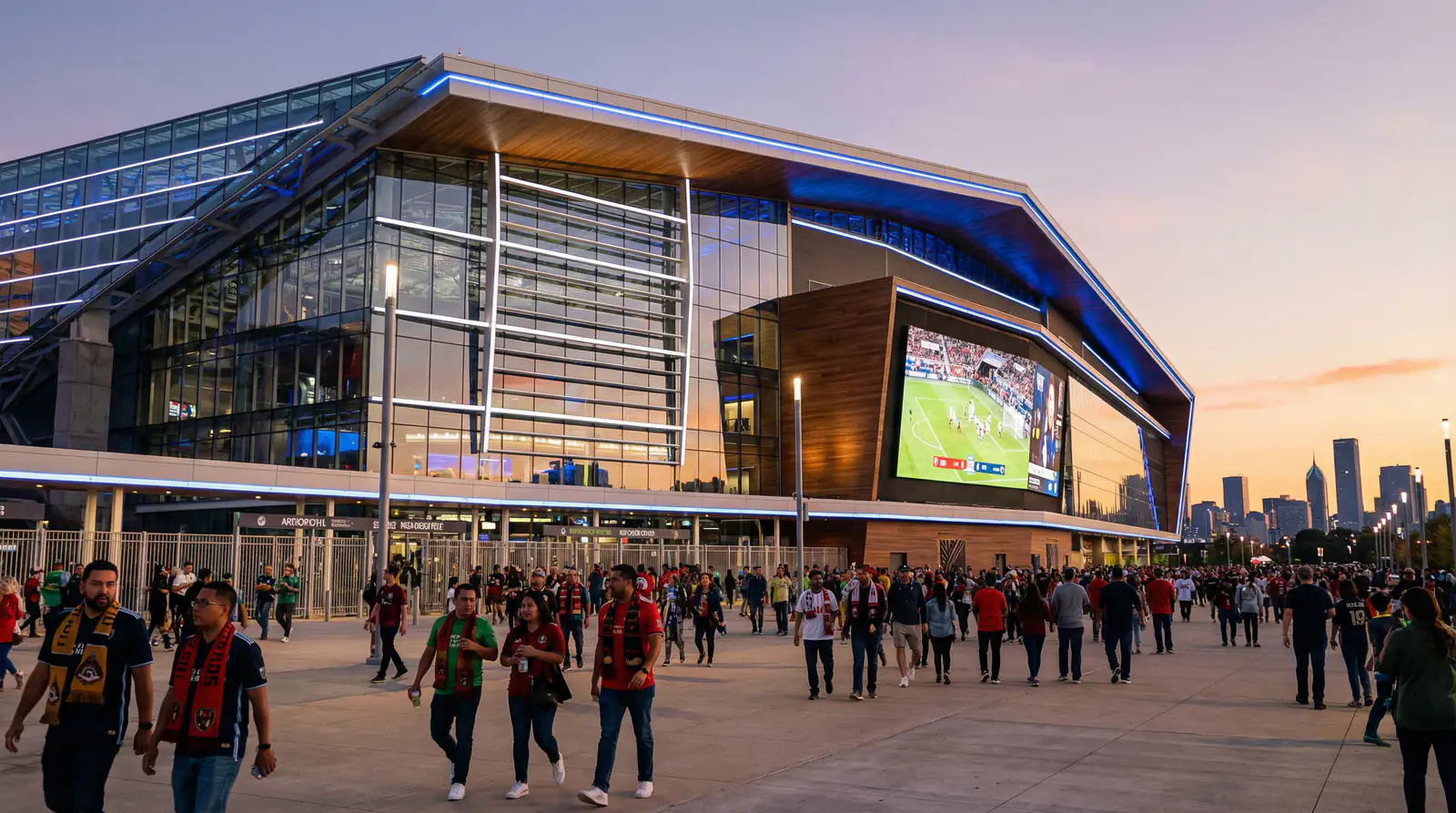 Esterno di un grande stadio americano con la facciata moderna illuminata e tifosi che si avvicinano all'ingresso principale