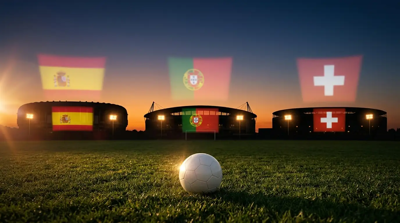 Tre campi da calcio affiancati al crepuscolo con bandiere di Spagna, Portogallo e Svizzera proiettate